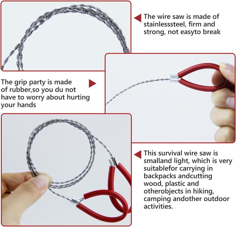 Abvsdu 4 Pcs Stainless Steel Cable Saw, Metal Wire Saw Hand Pocket String Rope Saw Emergency Survival Saw PVC Pipe Cable Saw for Wood Camping Hiking Hunting Red and Black 23.62 Inch - Image 3